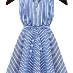 Blue V Neck Belt Striped Dress